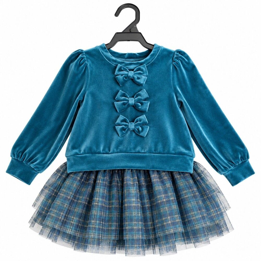 Cupcakes and Cashmere Girls 3T Teal Velvet Bow Plaid Tulle Holiday Dress